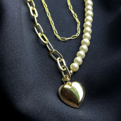 Gold-İncili Zincir Tasarım Kalp Kolye