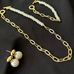 Gold-İncili Takı Seti Kolye Bileklik Küpe