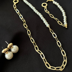 Gold-İncili Takı Seti Kolye Bileklik Küpe