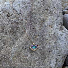 Gold - Zirkon Taş Kuğu Figürlü Mavi Taşlı Kalp Kolye