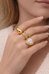 14K Altın Kaplama 3’lü İnci Detaylı Gold Yüzük Seti