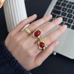 14K Altın Kaplama Bordo 3 lü Yüzük Seti